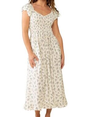 NLT No Less Than LA Solis Smocked Floral Midi Dress Medium Cottagecore Milkmaid
